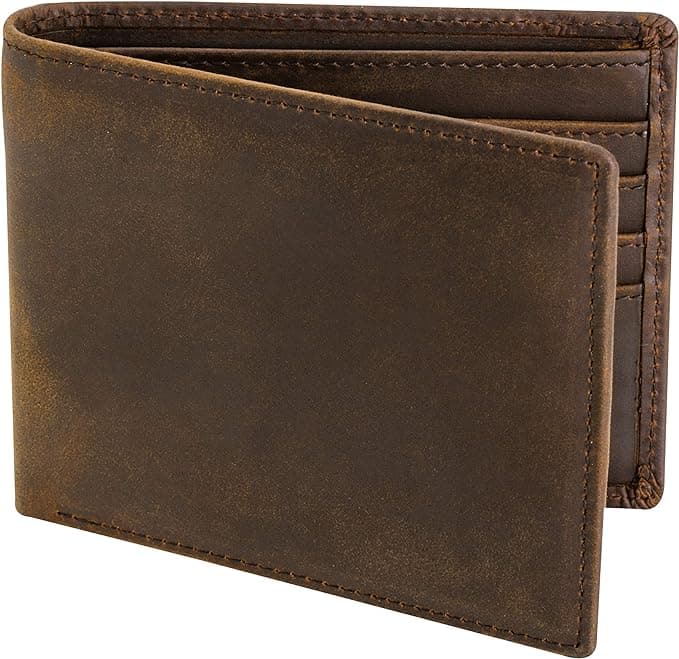 Product photo of a brown leather wallet on a white background